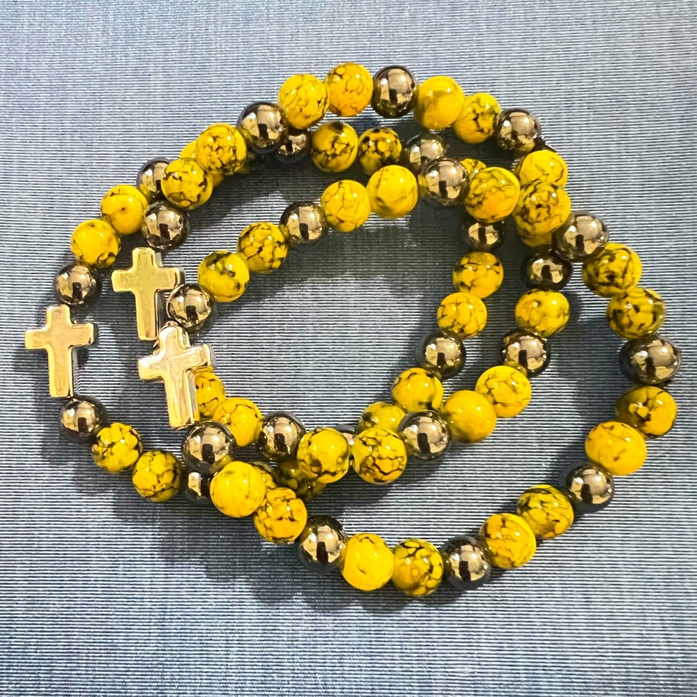 Yellow and black, zinc cross bracelet